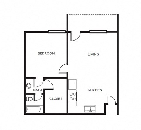 Floor plan for 1 bed, 1 bath, 676 sqft